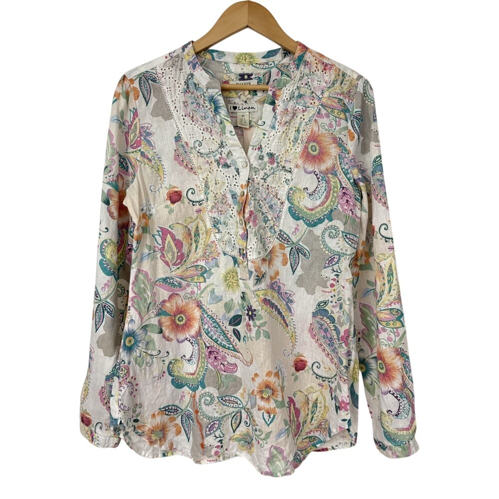 Malvin “I Love Linen” Floral V-Neck Popover Long Sleeve Tunic Blouse Top Size M